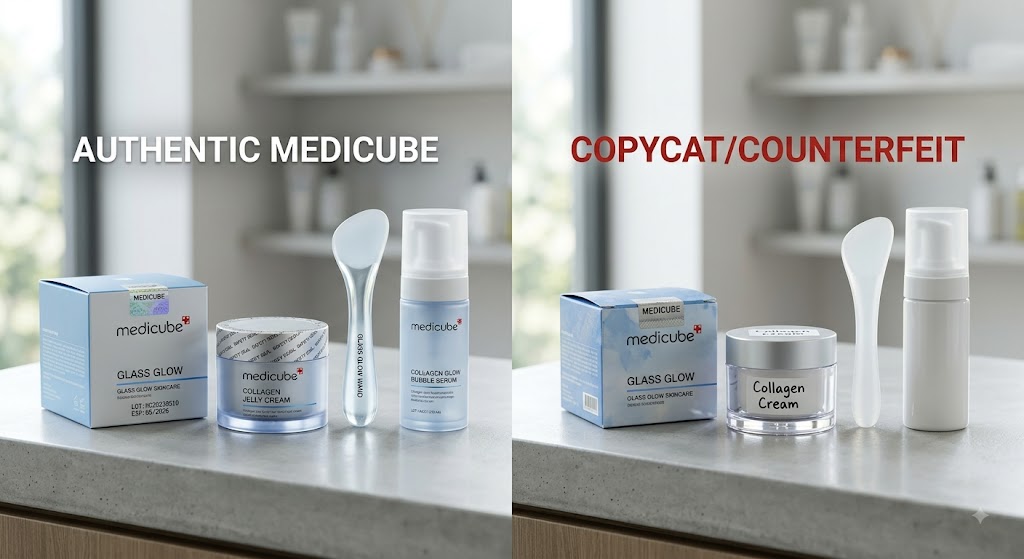 Side-by-side photo comparing authentic Medicube skincare products to poor quality counterfeit copycat products on a counter.