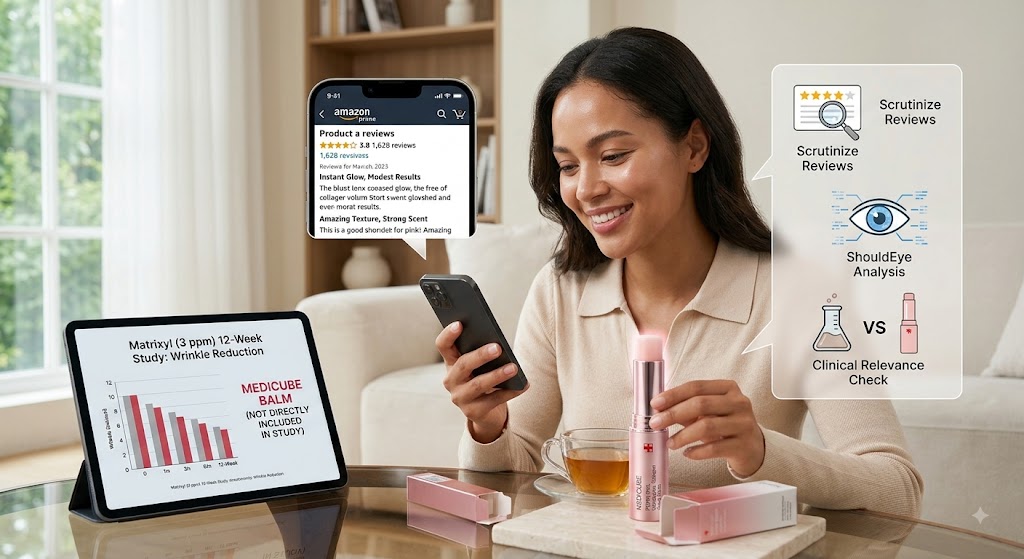 A woman uses a phone to read Amazon reviews of a Medicube balm while a tablet displays a separate Matrixyl clinical study.