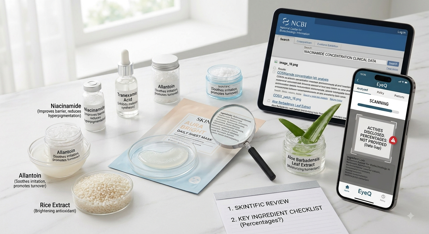Skintific sheet mask displayed with niacinamide, rice, and aloe vera jars, plus a phone flagging missing concentration data.