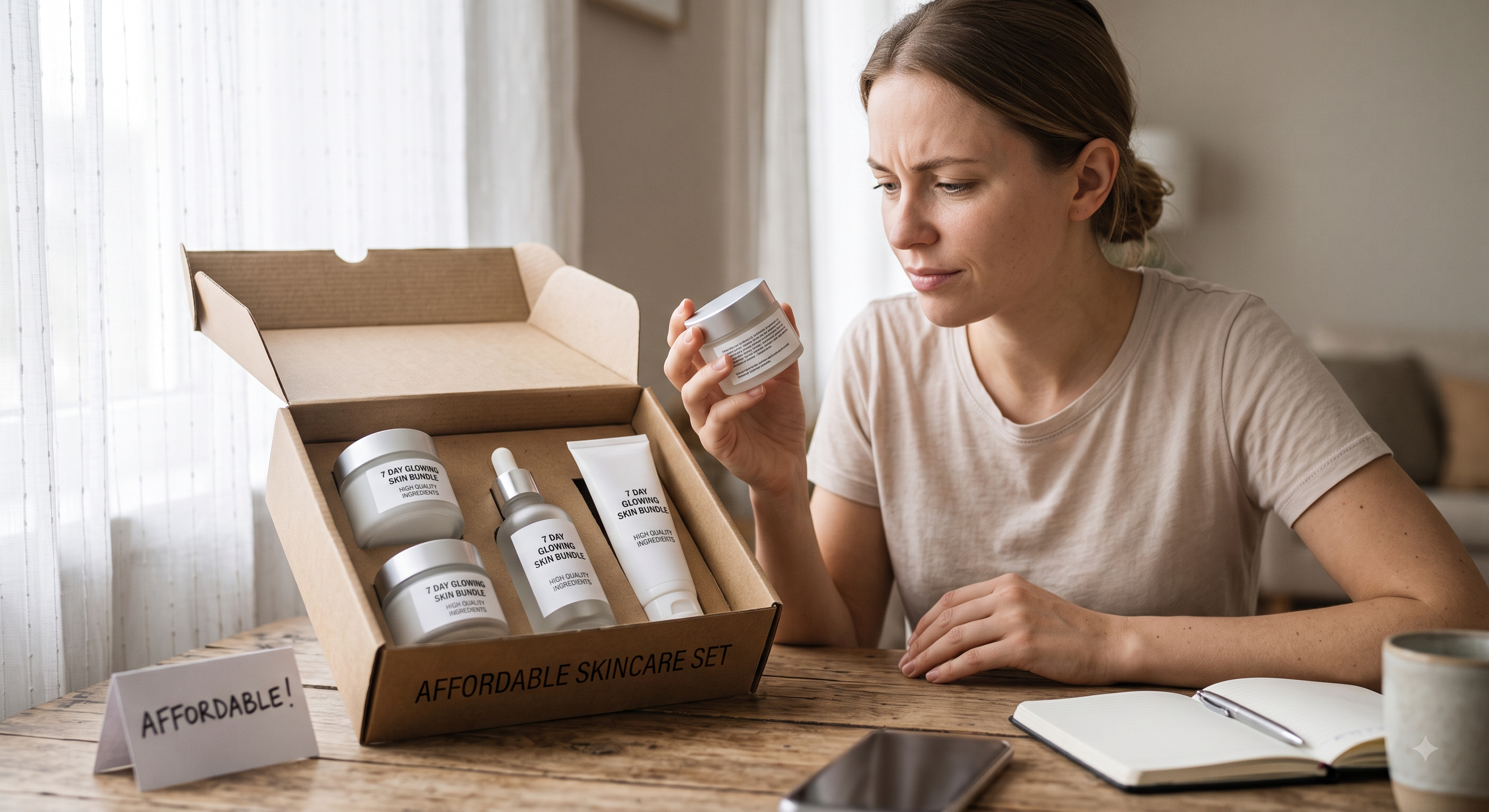 A woman looks skeptically at a product from an open skincare box labeled "AFFORDABLE SKINCARE SET" at a wooden table.
