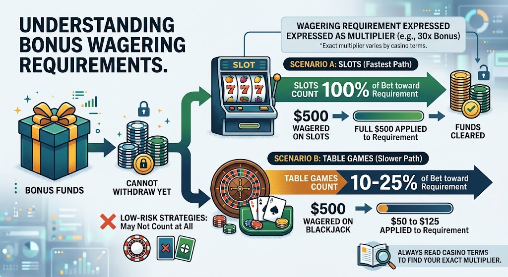 Infographic on casino wagering requirements comparing slots (100% progress) and table games (10–25%) toward payout.