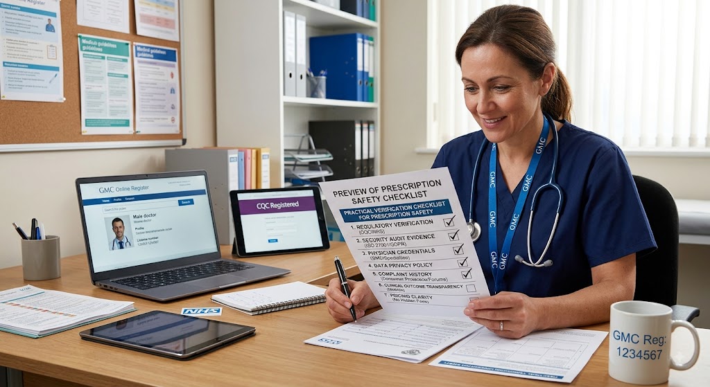 A healthcare professional at a desk holds a prescription safety checklist near laptops showing GMC and CQC pages.