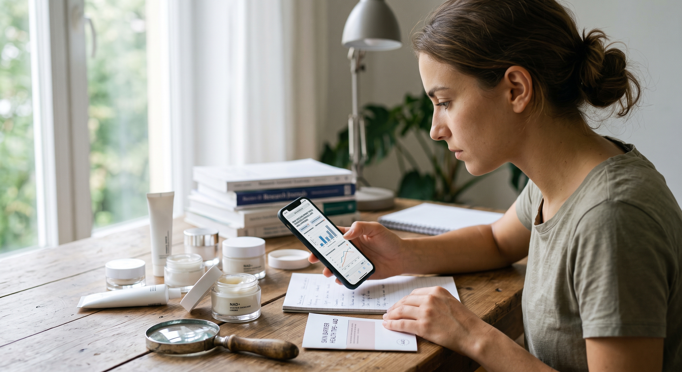 Woman at a wooden table examines a skincare product while holding a smartphone displaying product details and data.