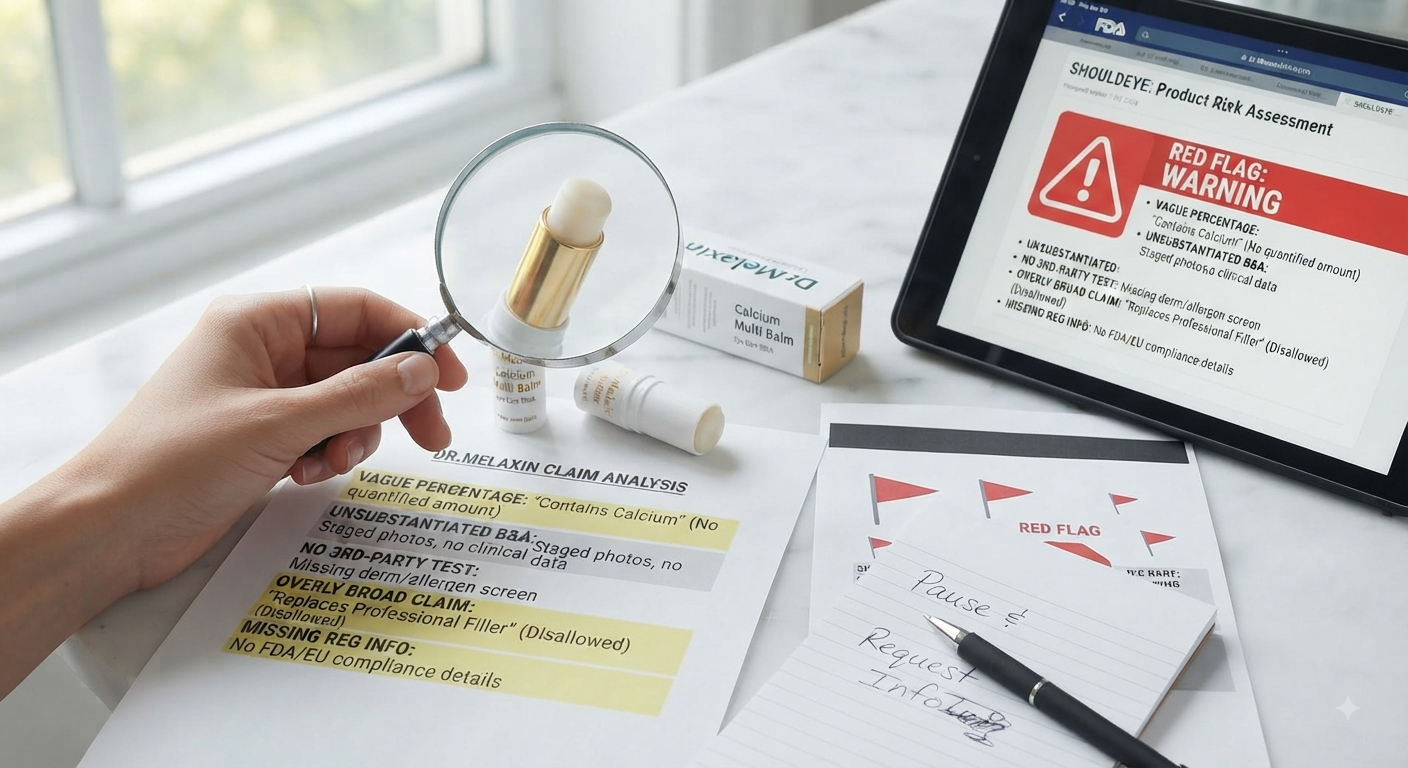 A hand holds a magnifying glass over a skincare balm, with a tablet showing a product risk assessment and red flag warnings.