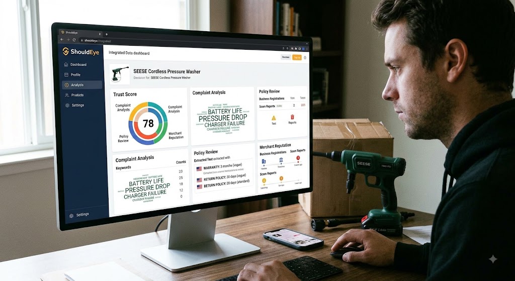 ShouldEye analytics dashboard on a monitor showing product trust scores, complaint analysis, and merchant reputation.