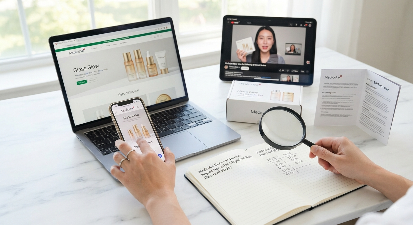 Hands use a phone and notebook near a laptop, video, skincare box, and magnifying glass examining return policies.