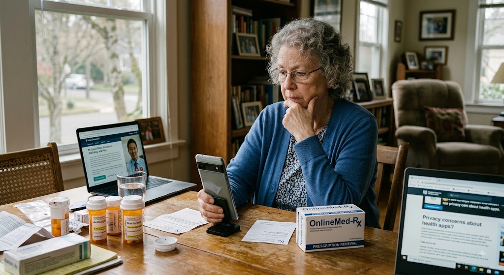 A senior woman sits at a table with pill bottles, a phone, and laptops, looking concerned about health app privacy.