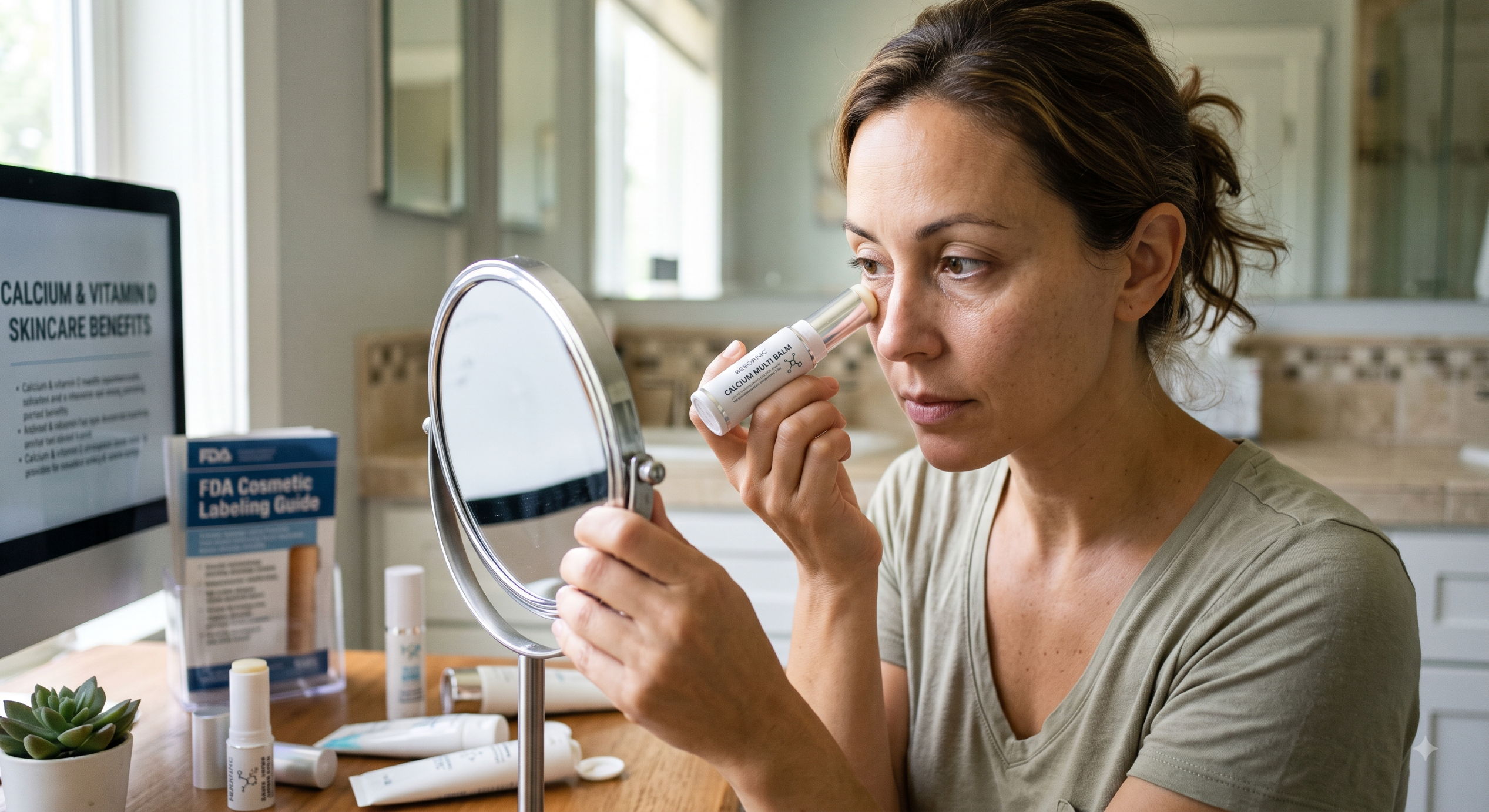 Woman applying multi-balm stick under her eye near a mirror, with FDA cosmetic guidelines on a computer screen nearby.