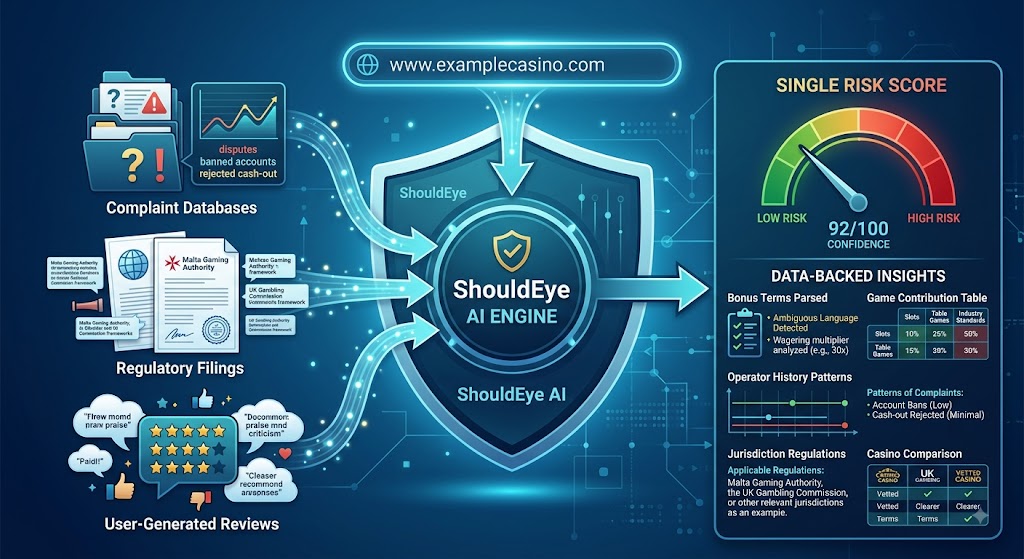 Infographic showing ShouldEye AI analyzing casino data (complaints, regulations, reviews) to create a risk score.