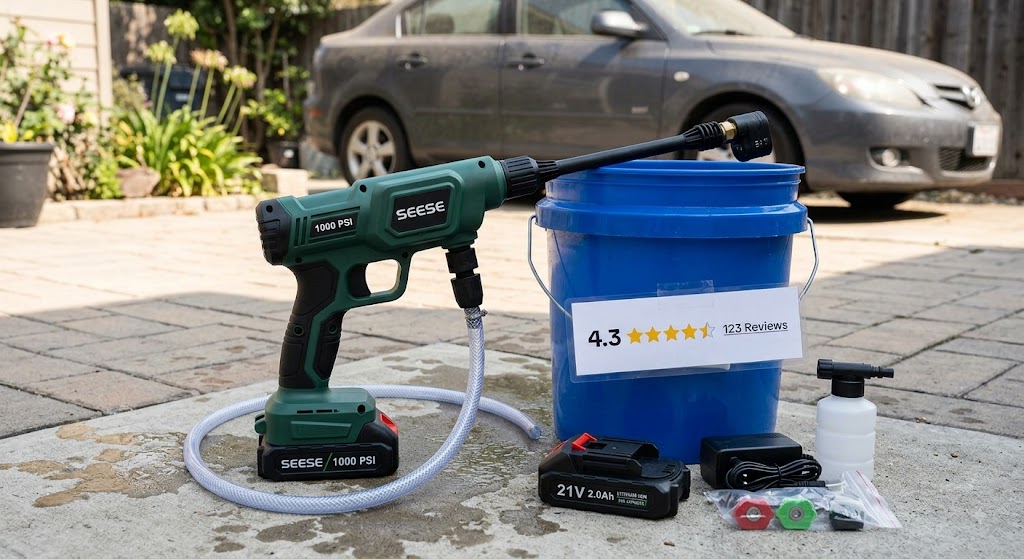 Compact green cordless SEESE pressure washer resting near a blue bucket, outdoor driveway, charger, and car background.