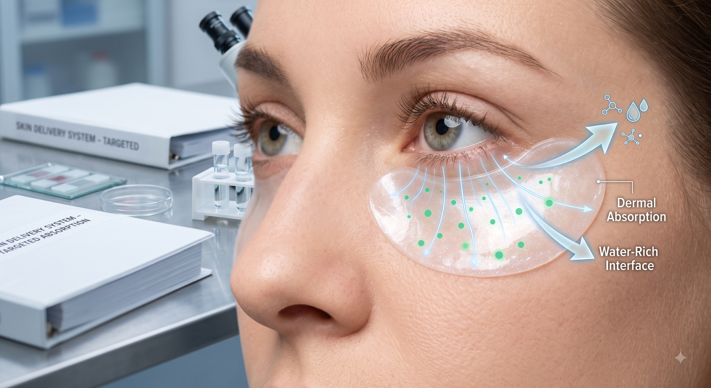 A close-up view of a woman in a lab setting, showing hydrogel patches and glowing arrows representing skin absorption.