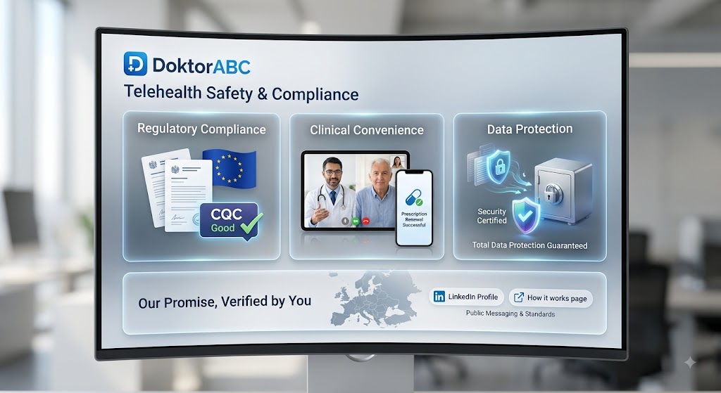 Infographic showing DoktorABC telehealth safety pillars: European regulatory compliance, video consultation, and data security.