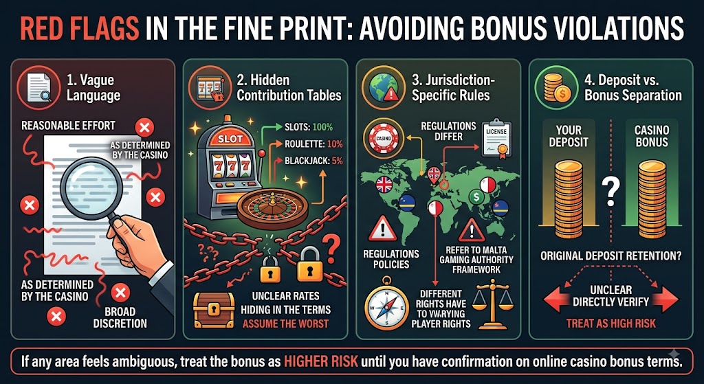 Infographic on casino fine print red flags, showing vague terms, hidden contributions, global rules, and deposit separation.