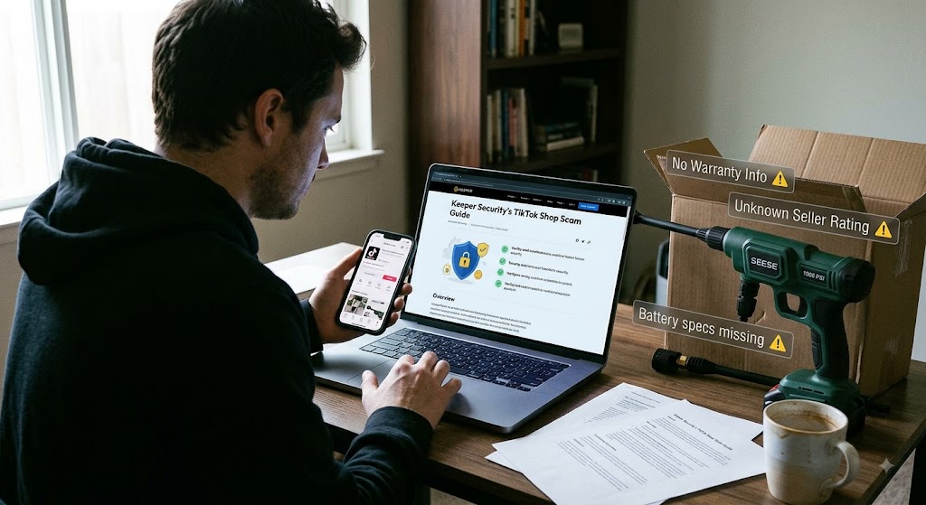 Shopper researching seller safety guidelines on a laptop beside a TikTok Shop package and warning callouts on desk.