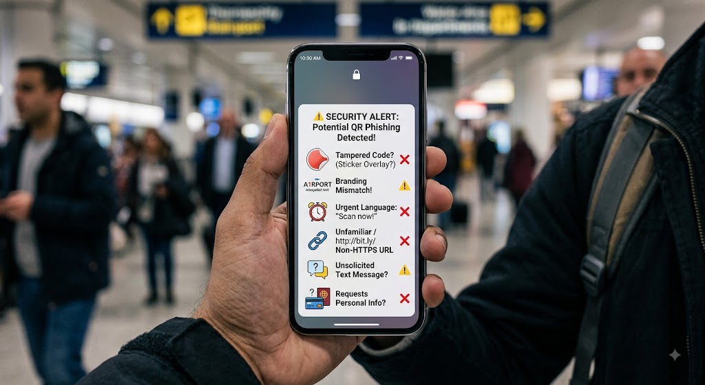 Smartphone in an airport displays a security alert highlighting red flags like tampered codes and unfamiliar URLs.