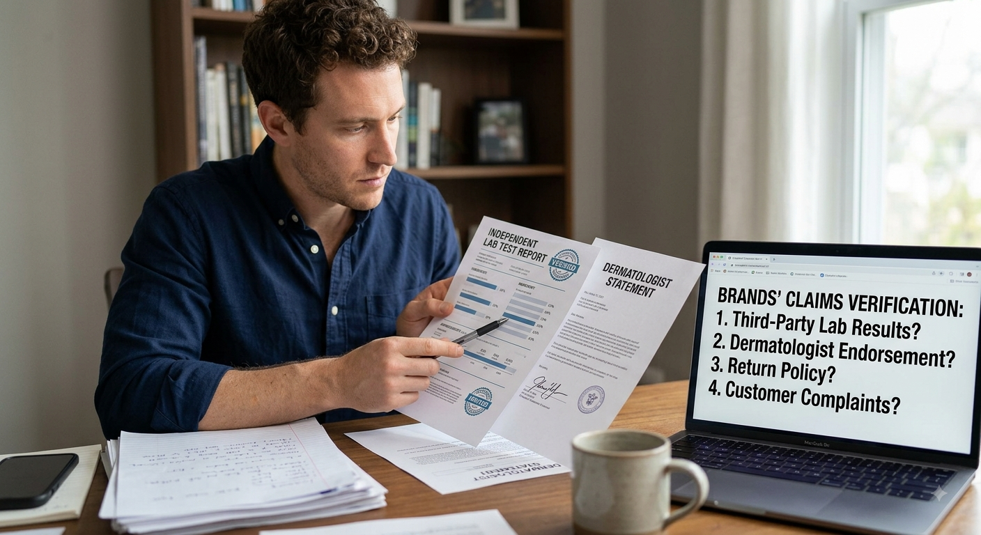 A man at a desk examines a lab test report alongside a laptop displaying a brand claim verification checklist.
