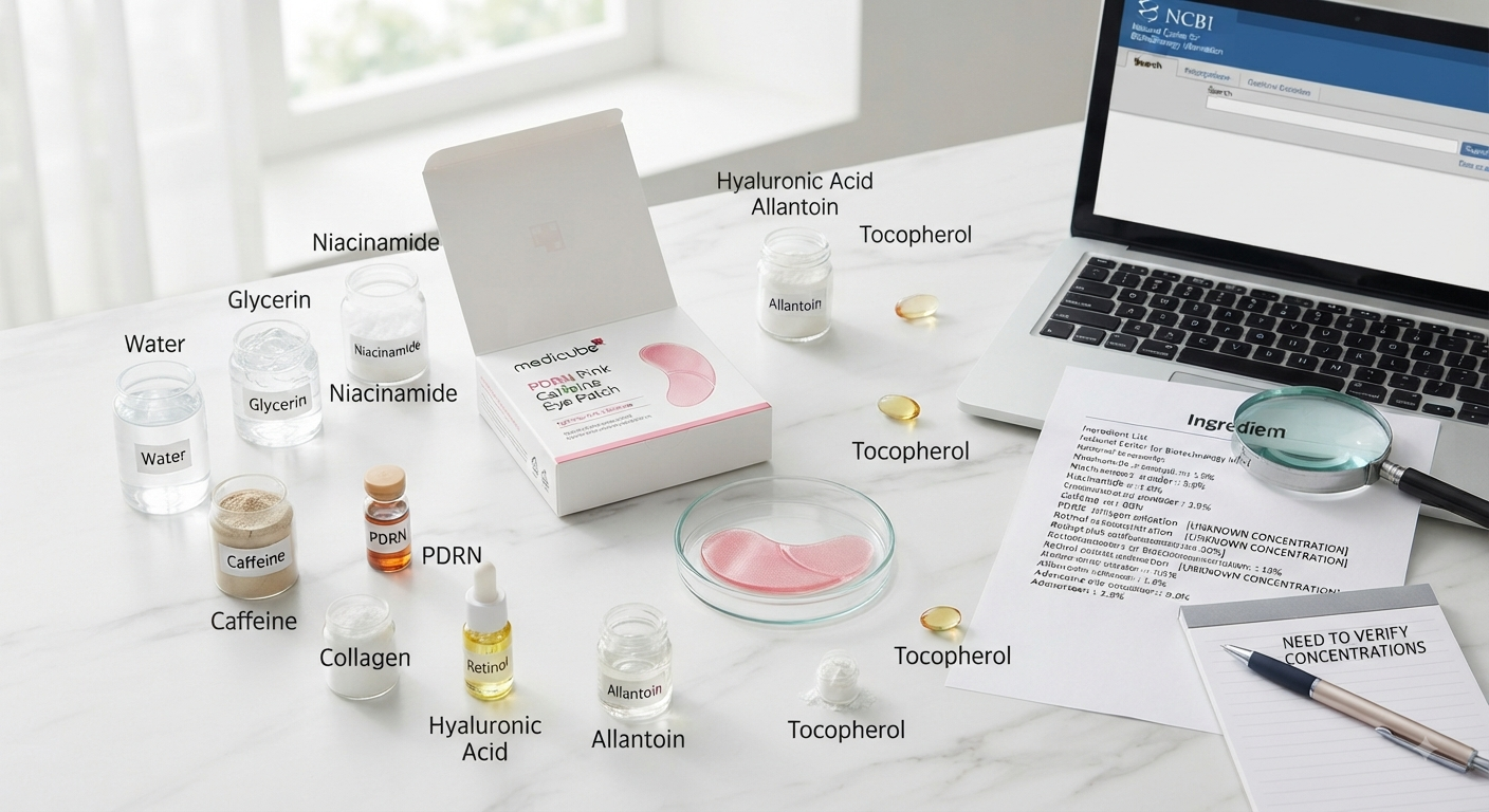 Medicube PDRN Pink Caffeine Eye Patch box and pink hydrogel patches surrounded by ingredient jars and a laptop with NCBI open.