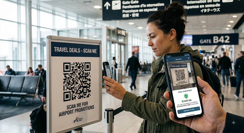 A woman at an airport gate uses her phone to scan a "Travel Deals" QR code which the "EyeQ" app marks as a safe URL.