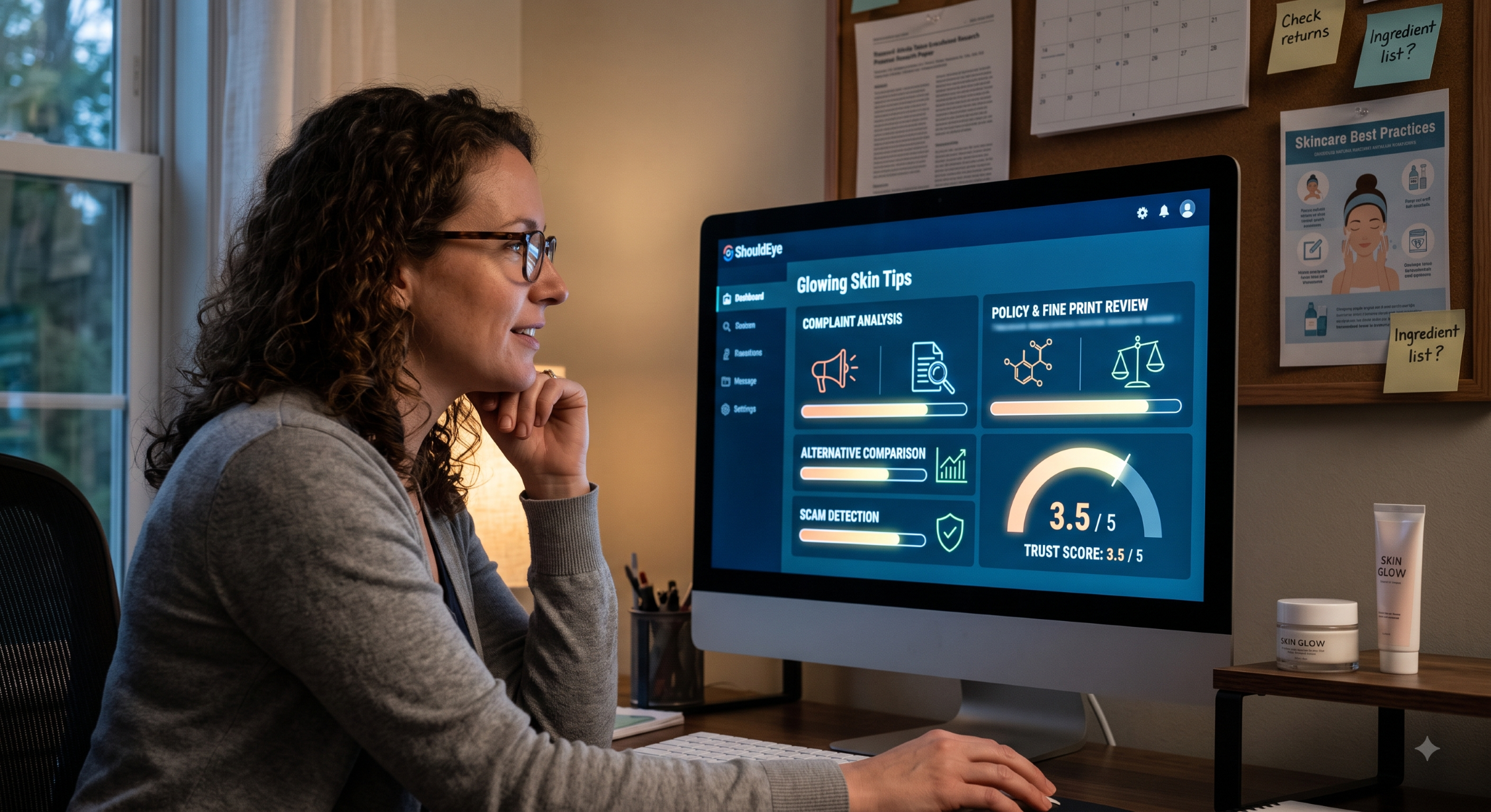 A woman uses ShouldEye on a computer to review Glowing Skin Tips; the screen displays a Trust Score of 3.5 out of 5.
