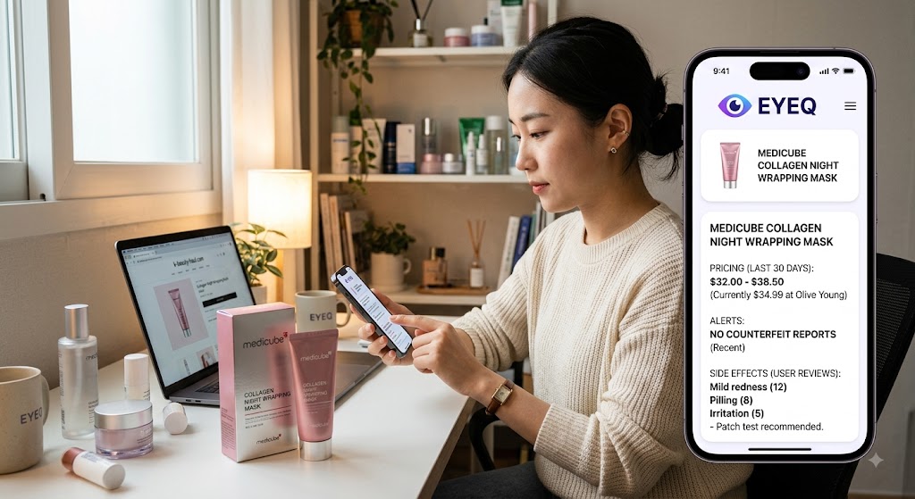 Woman checking the EyeQ AI app on her phone for Medicube mask prices, counterfeit alerts, and user side effects.