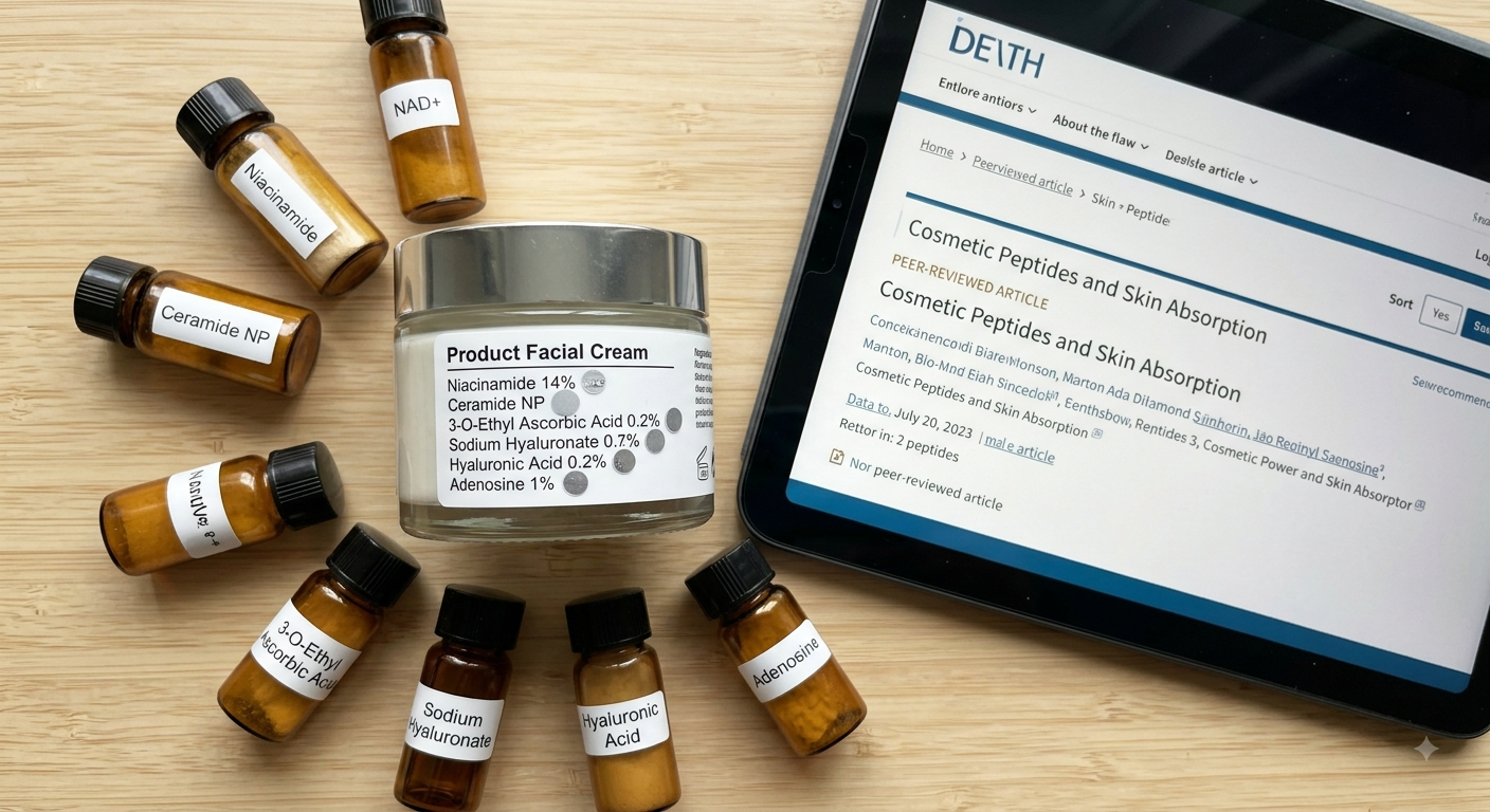 A jar of facial cream surrounded by glass vials of skincare ingredients next to a tablet displaying research papers.