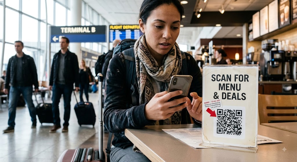 A woman scans a "Menu & Deals" QR code with her phone at an airport café table near "Flight Departures" signs.