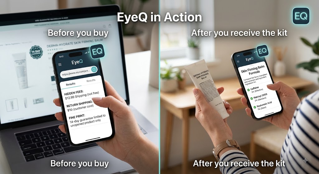 Split screen shows EyeQ app analyzing skincare purchase terms and formula, using a laptop and a physical tube, with an EQ logo.