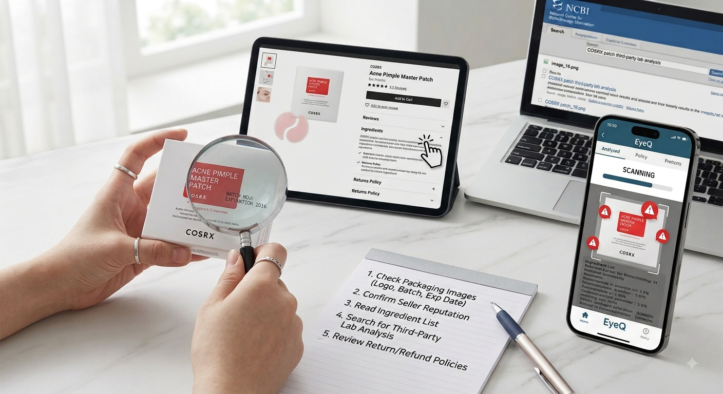 A person scrutinizes a COSRX Acne Patch box with a magnifying glass while cross-referencing on a tablet and EyeQ phone.