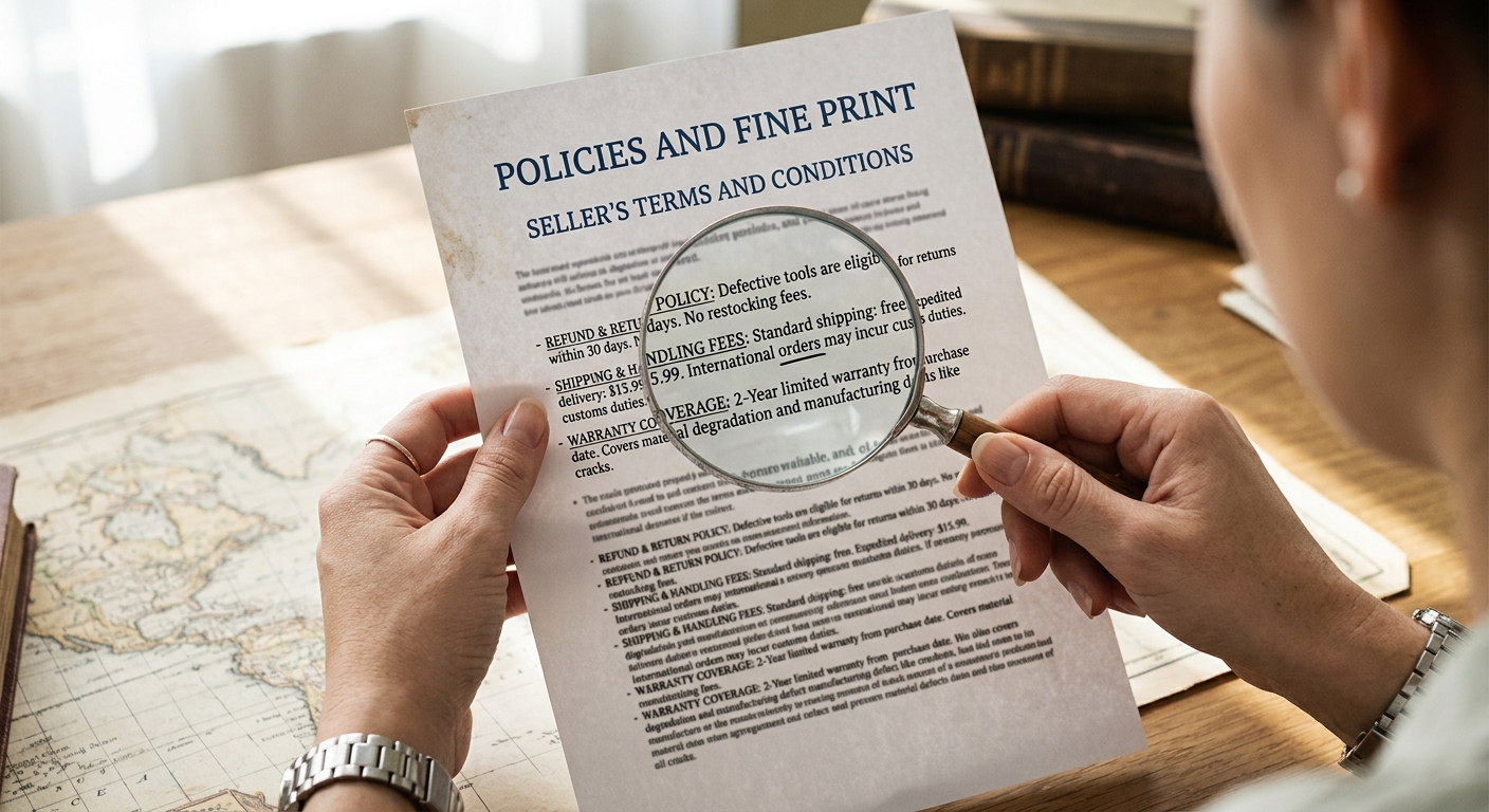 A person holding a magnifying glass to review seller terms, returns, fees, and fine print documents on a desk.