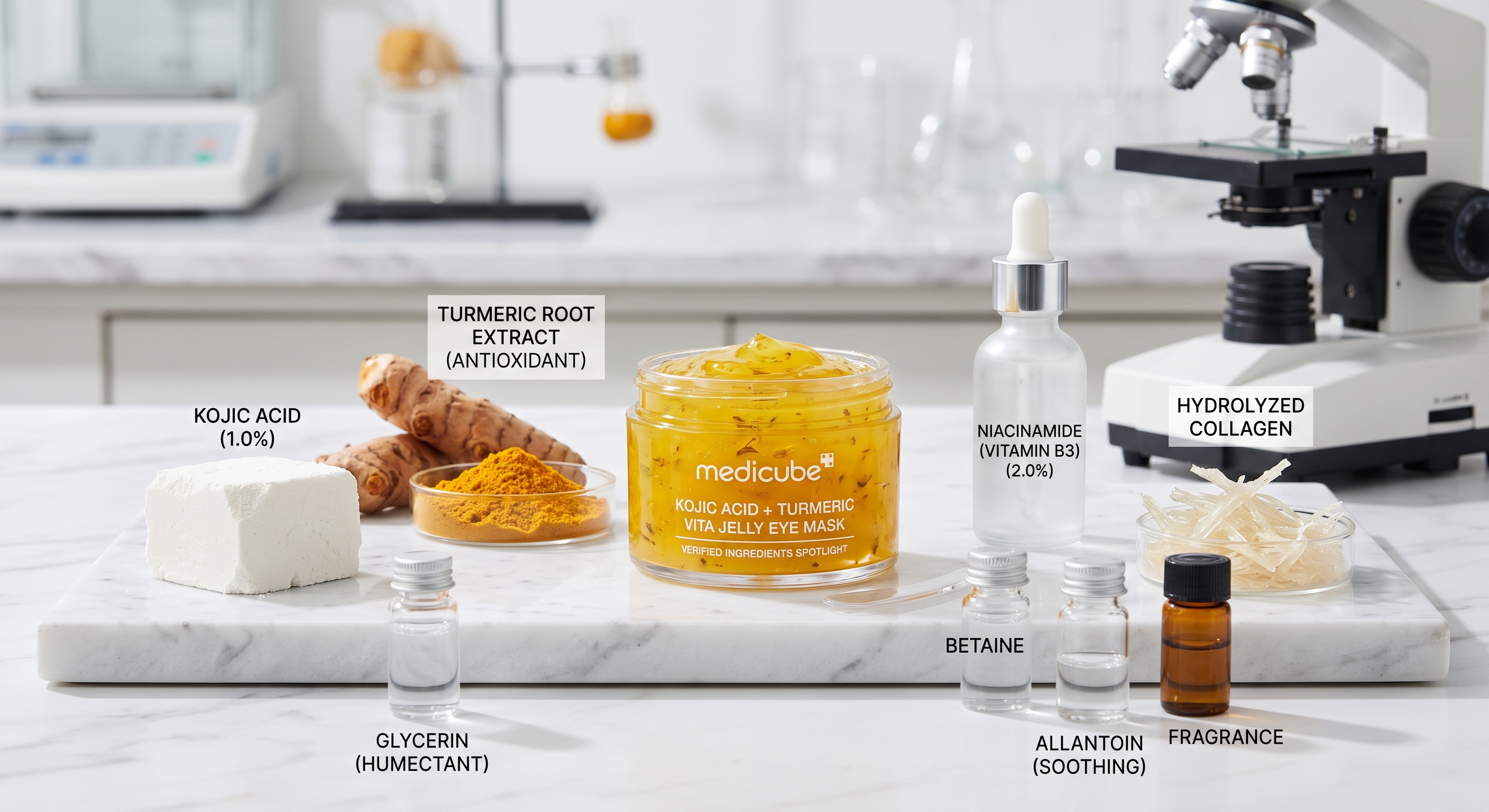 Medicube Kojic Acid Turmeric Vita Jelly Eye Mask with raw ingredient samples and a microscope on a laboratory bench.