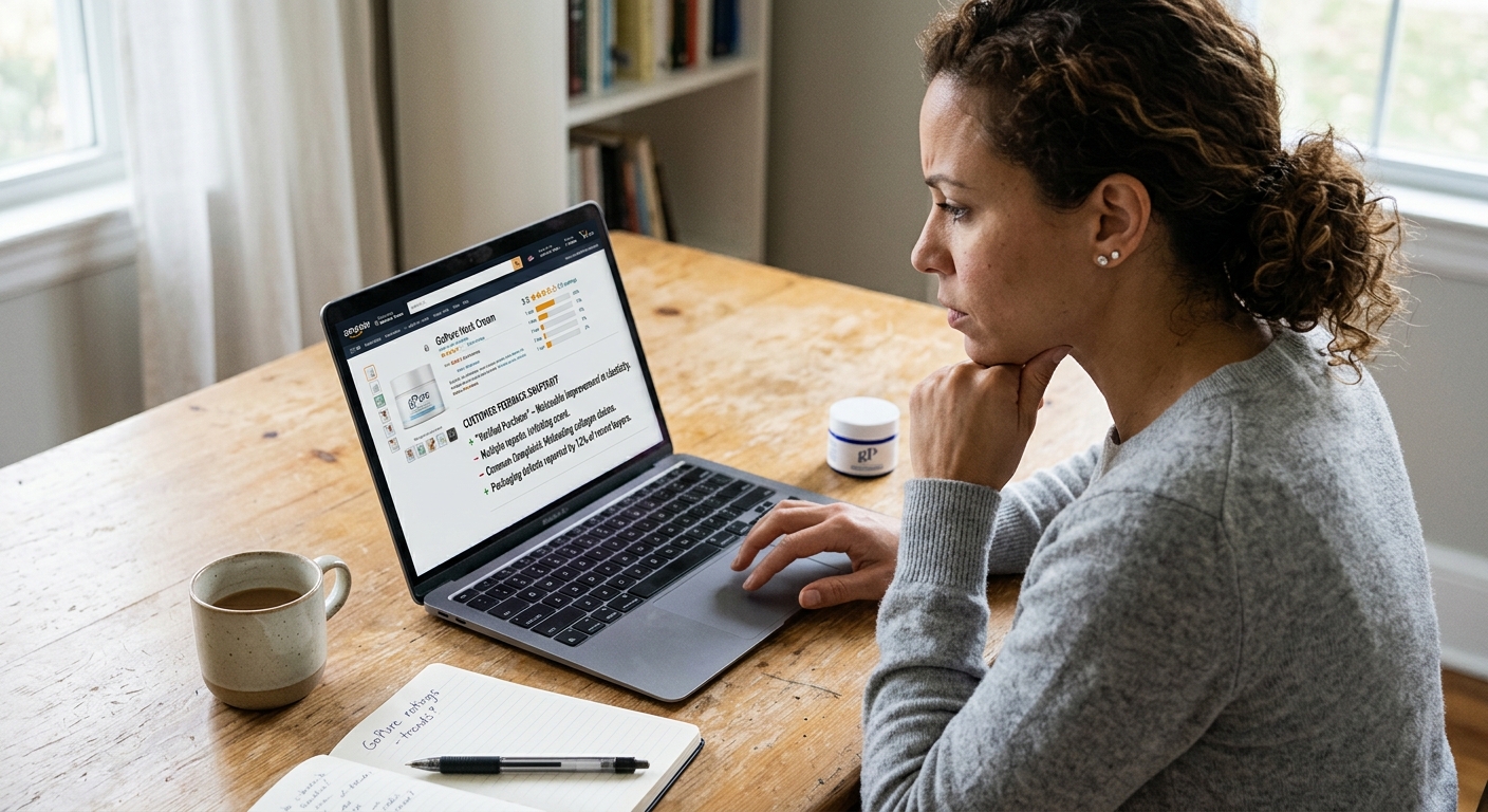 Woman reviewing customer feedback and product rating claims for GoPure neck cream on her laptop at a wooden desk.