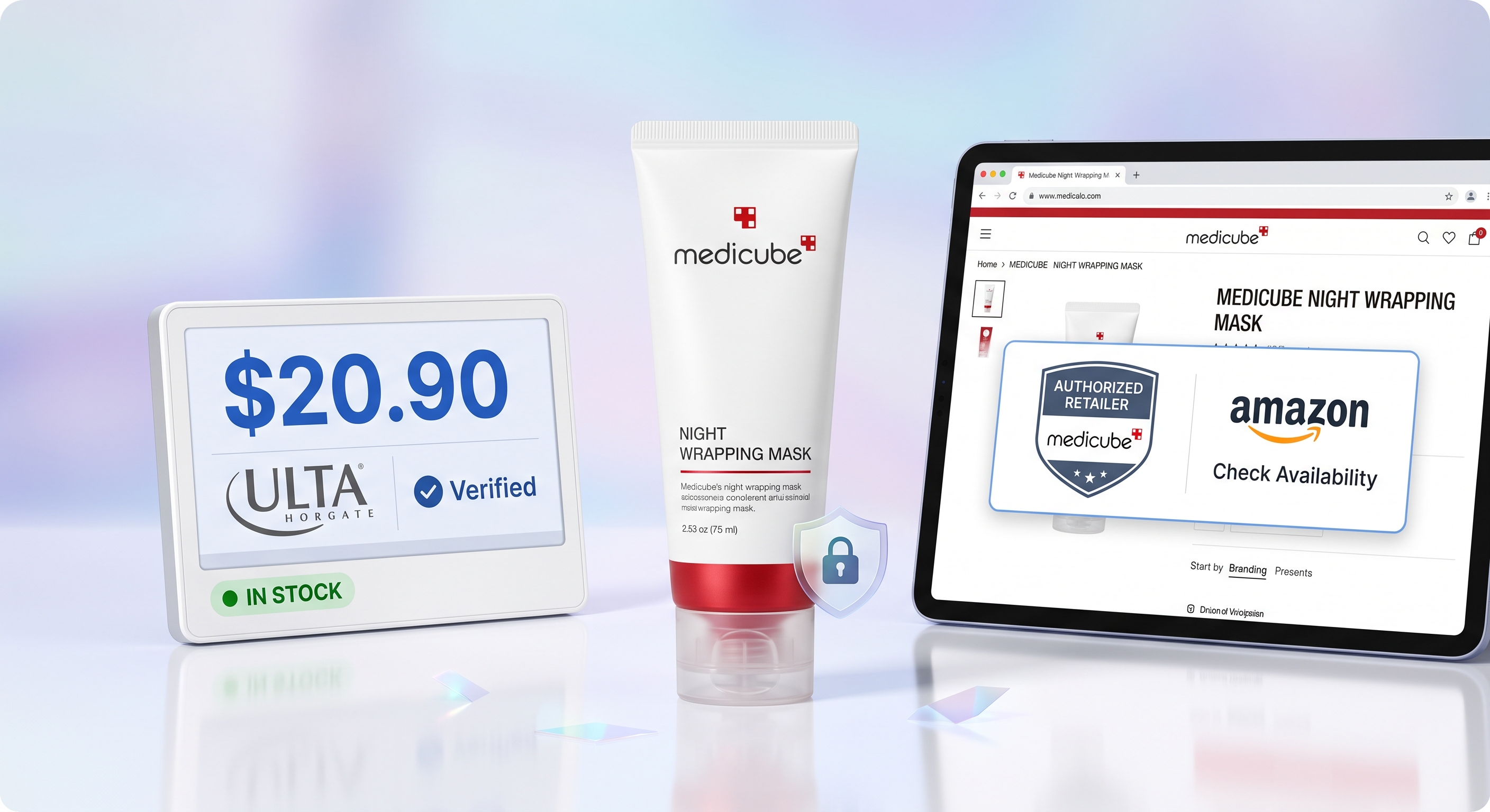 Medicube Night Wrapping Mask tube displayed next to an Ulta price tag and tablet showing authorized retail options.