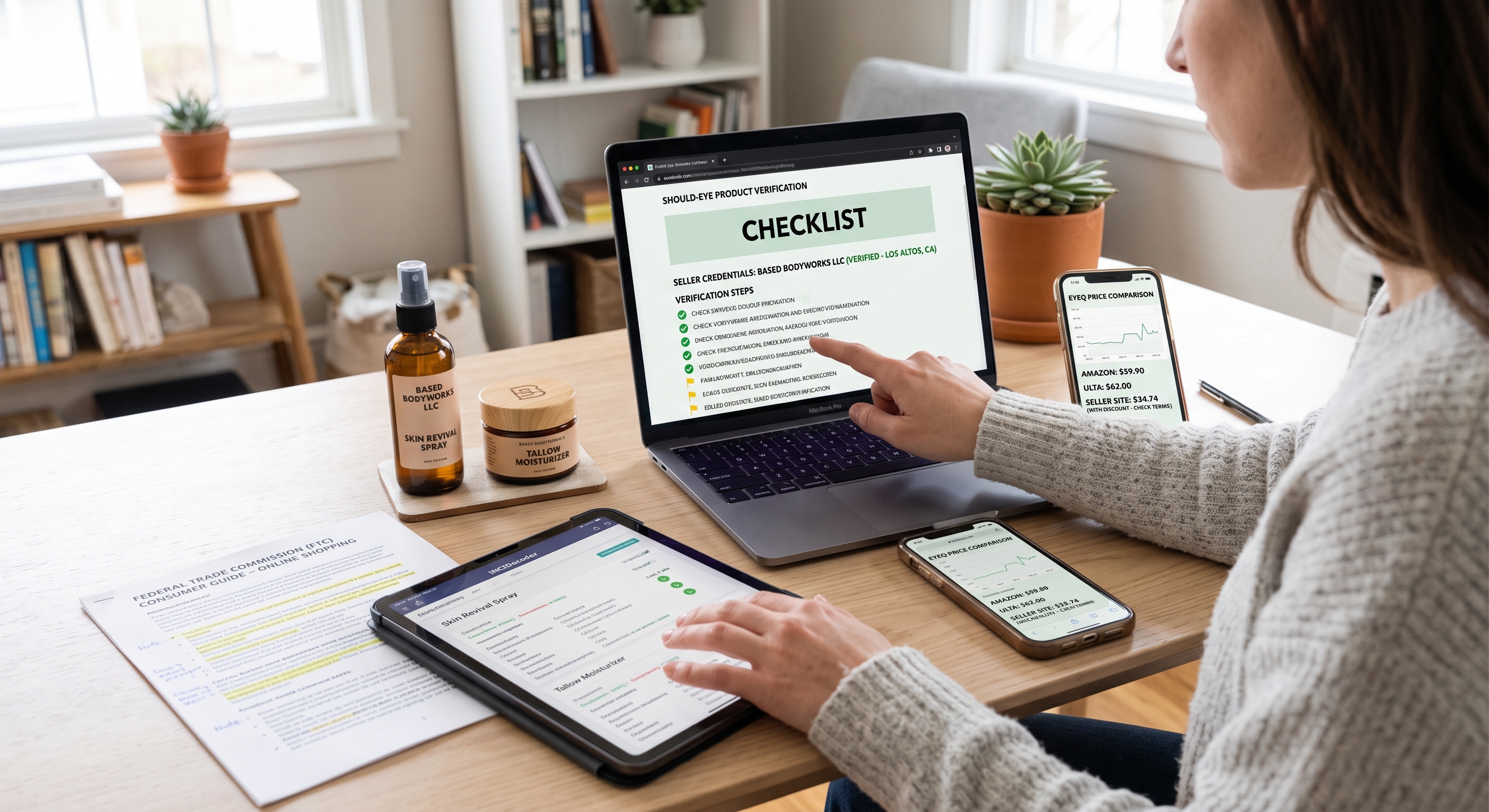 Woman researching seller credentials and comparing skincare product prices on a laptop, tablet, and smartphone.