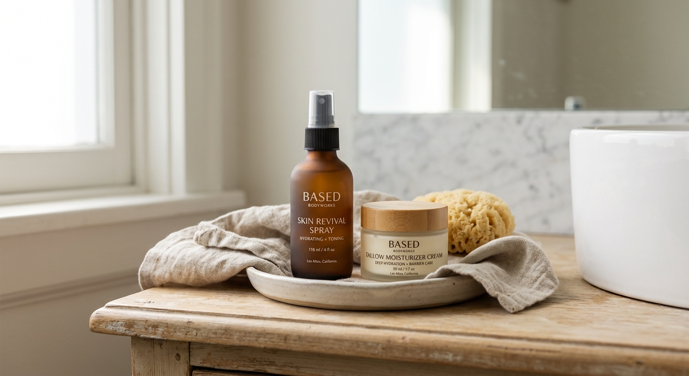 Based Bodyworks daily skincare duo: Skin Revival Spray and Tallow Moisturizer Cream in amber glass on a ceramic tray.