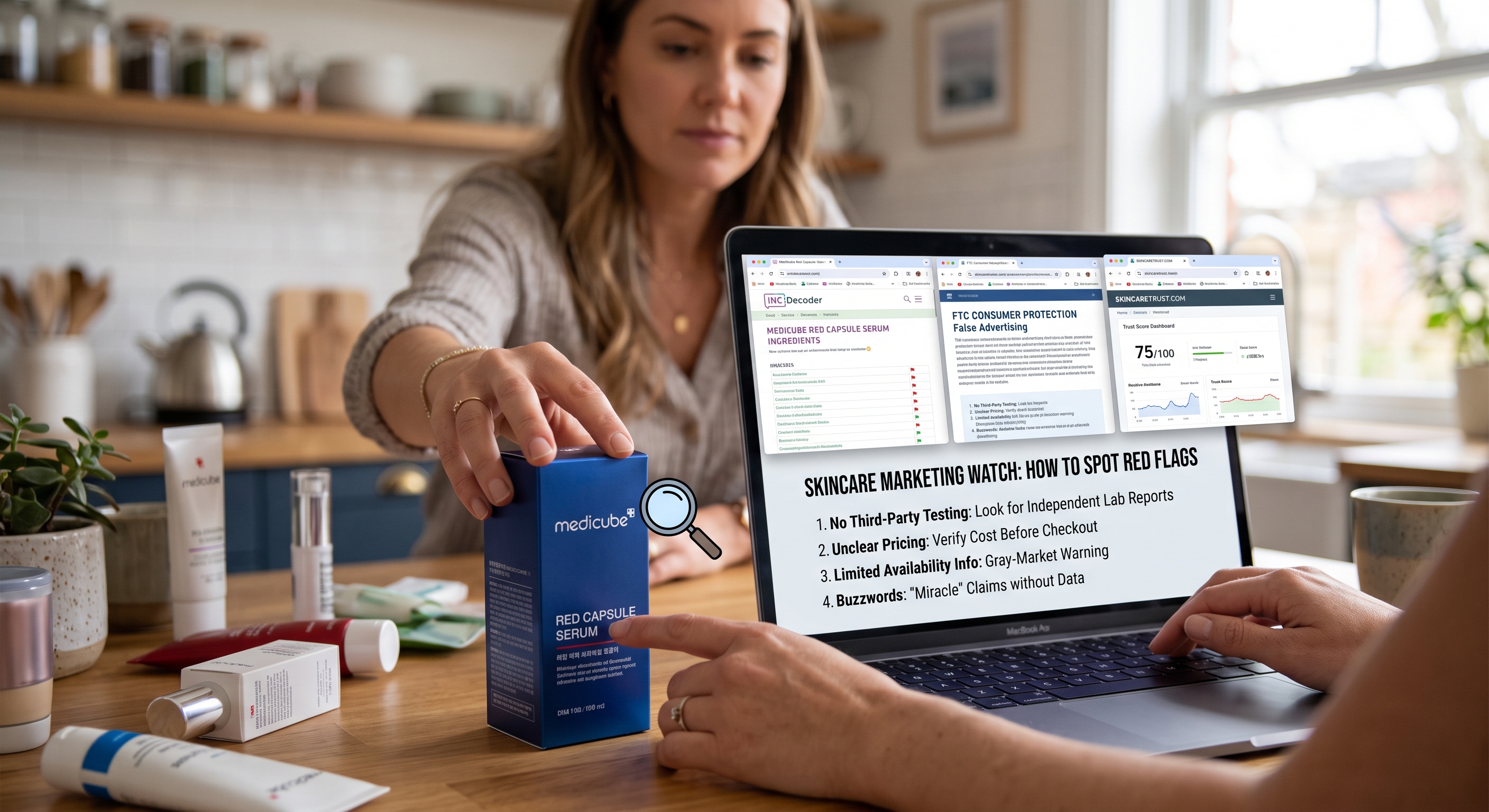 A woman researches red flags in skincare marketing on her laptop, verifying a Medicube product with online data sources.