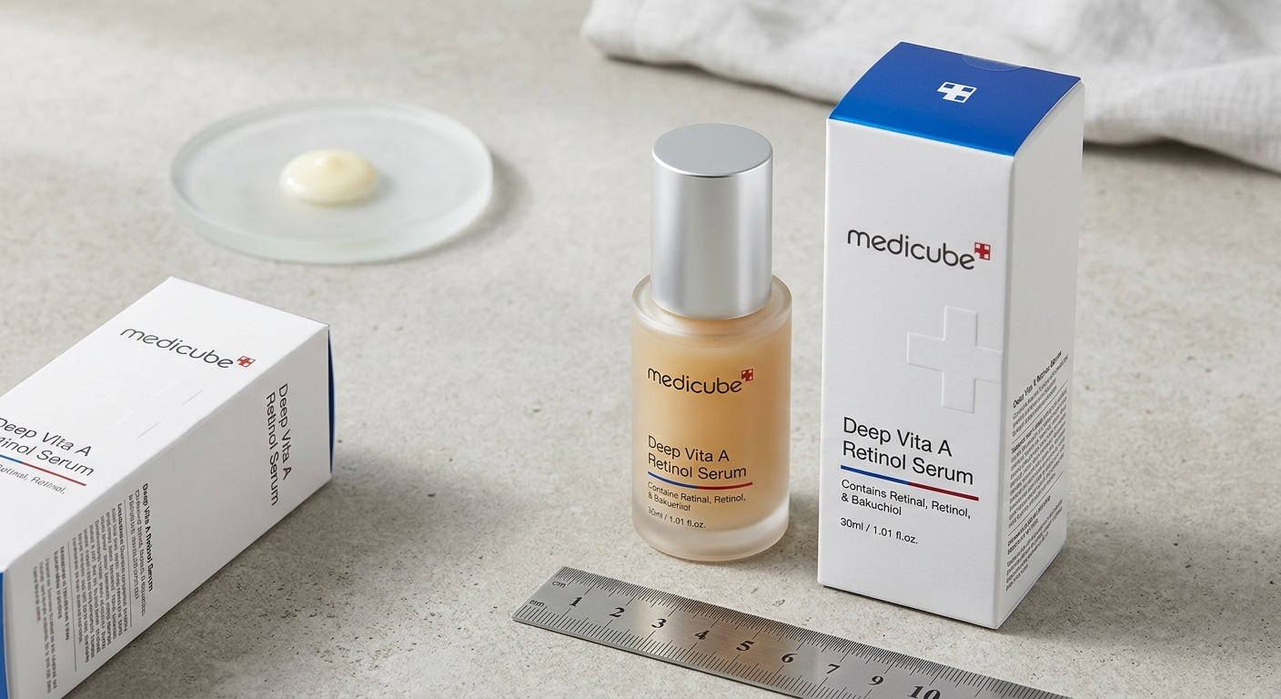 Medicube Deep Vita A Retinol Serum bottle and packaging on a stone counter next to a ruler and serum drop on glass.