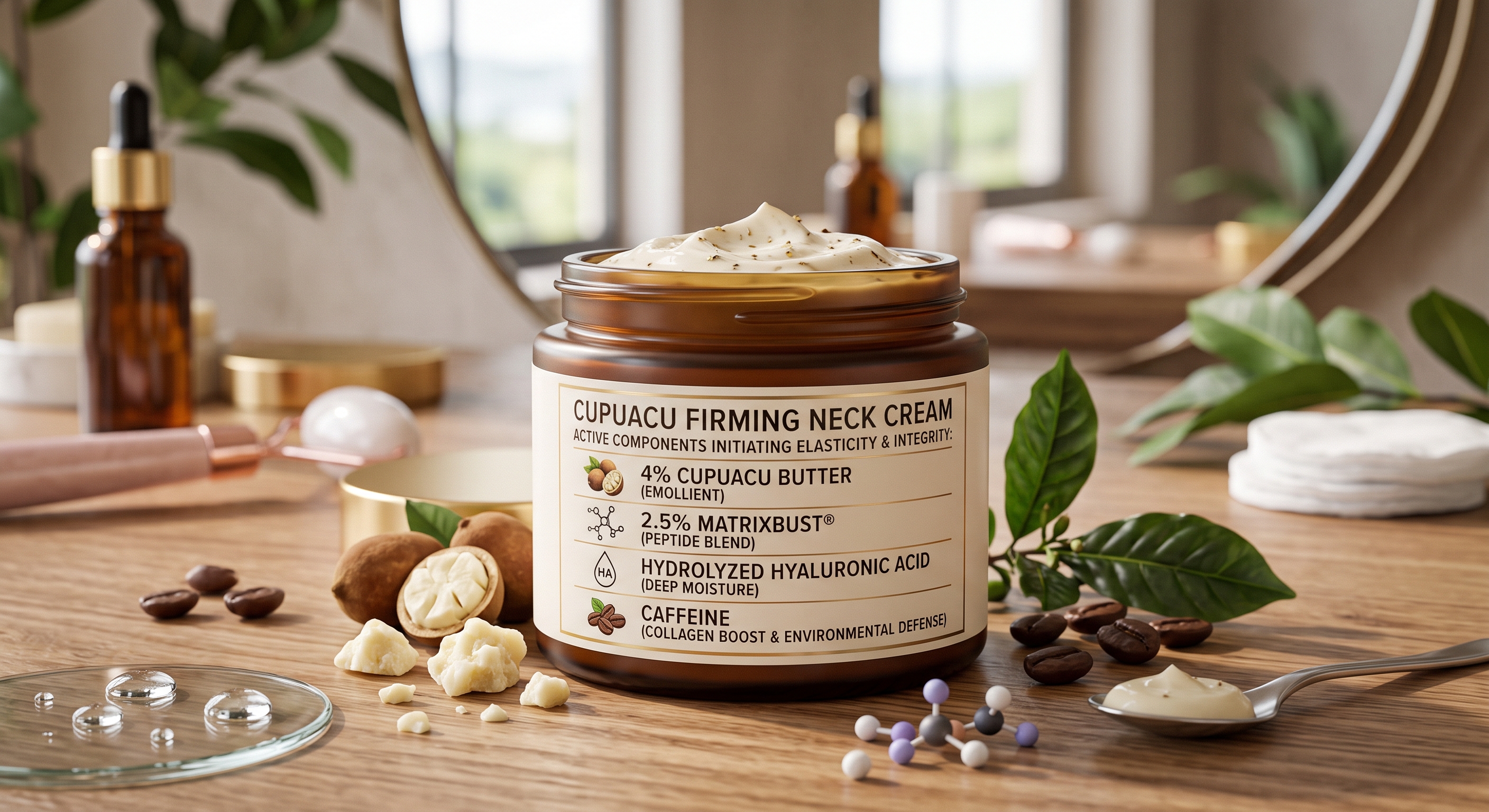 Jar of Cupuacu Firming Neck Cream surrounded by coffee beans, cupuacu butter, and a diagram listing key ingredients.