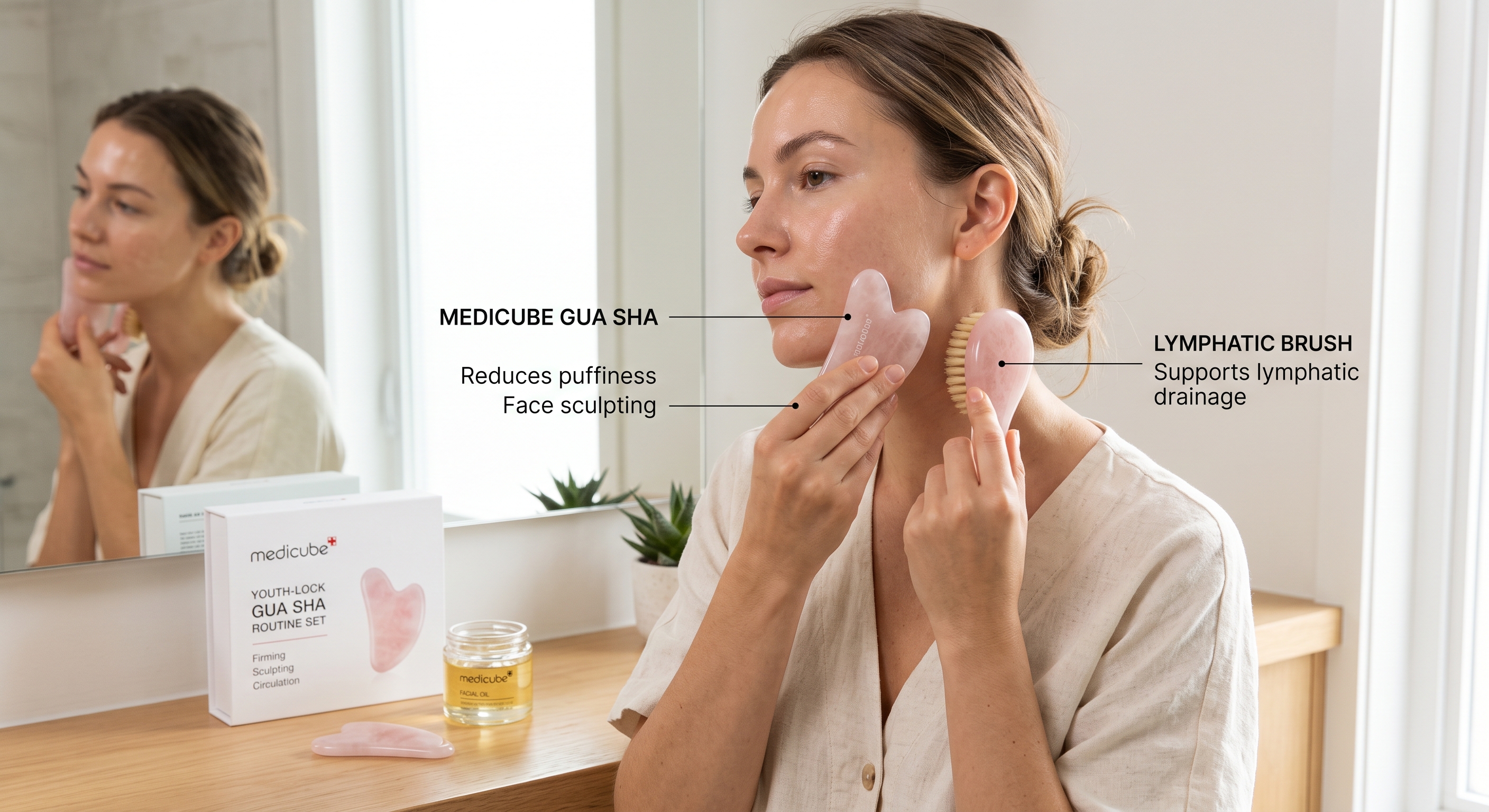 Woman using Medicube Gua Sha and lymphatic brush in front of a mirror with product claims overlaid on the screen.