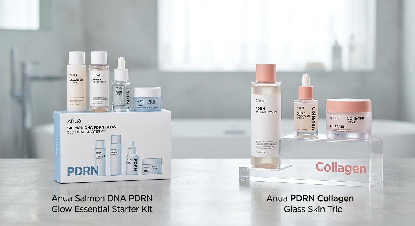 Anua Salmon DNA Starter Kit alongside the PDRN Collagen Glass Skin Trio set displayed on acrylic risers in a bathroom.