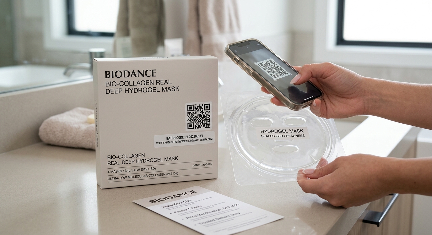 Hands holding a phone to scan a batch code QR on a Biodance Bio-Collagen Mask box with sealed hydrogel pack nearby.