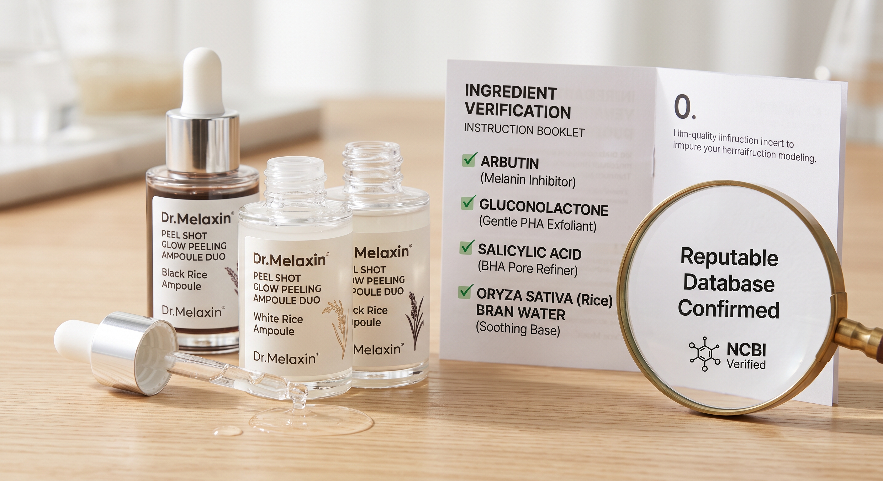 Dr.Melaxin serum bottles next to an ingredient verification card with arbutin and salicylic acid under a magnifying glass.