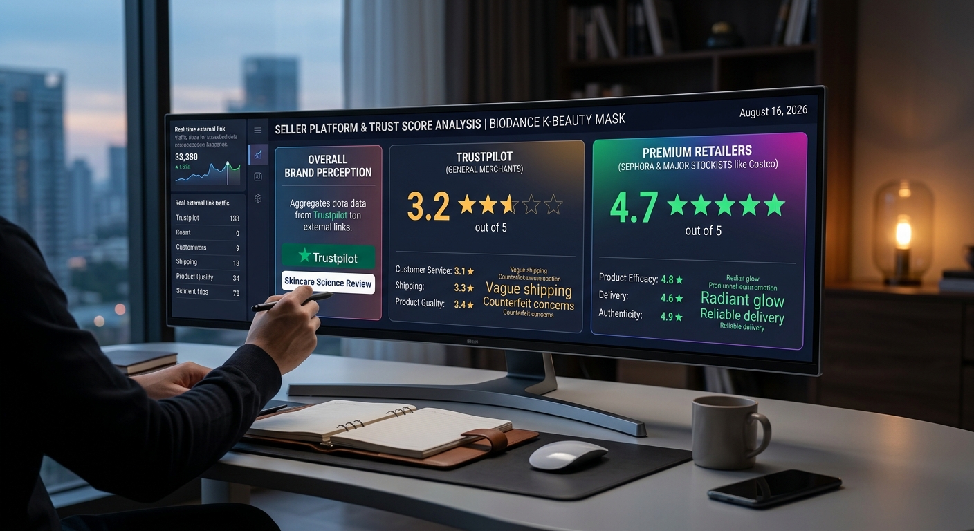 A wide monitor displays seller platform trust scores, comparing Trustpilot ratings with premium retailer metrics.
