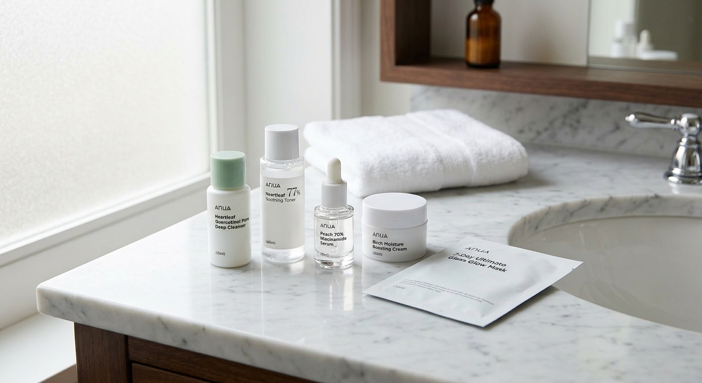Anua skincare bundle with cleanser, toner, serum, cream, and sheet mask lined up on a marble bathroom countertop.