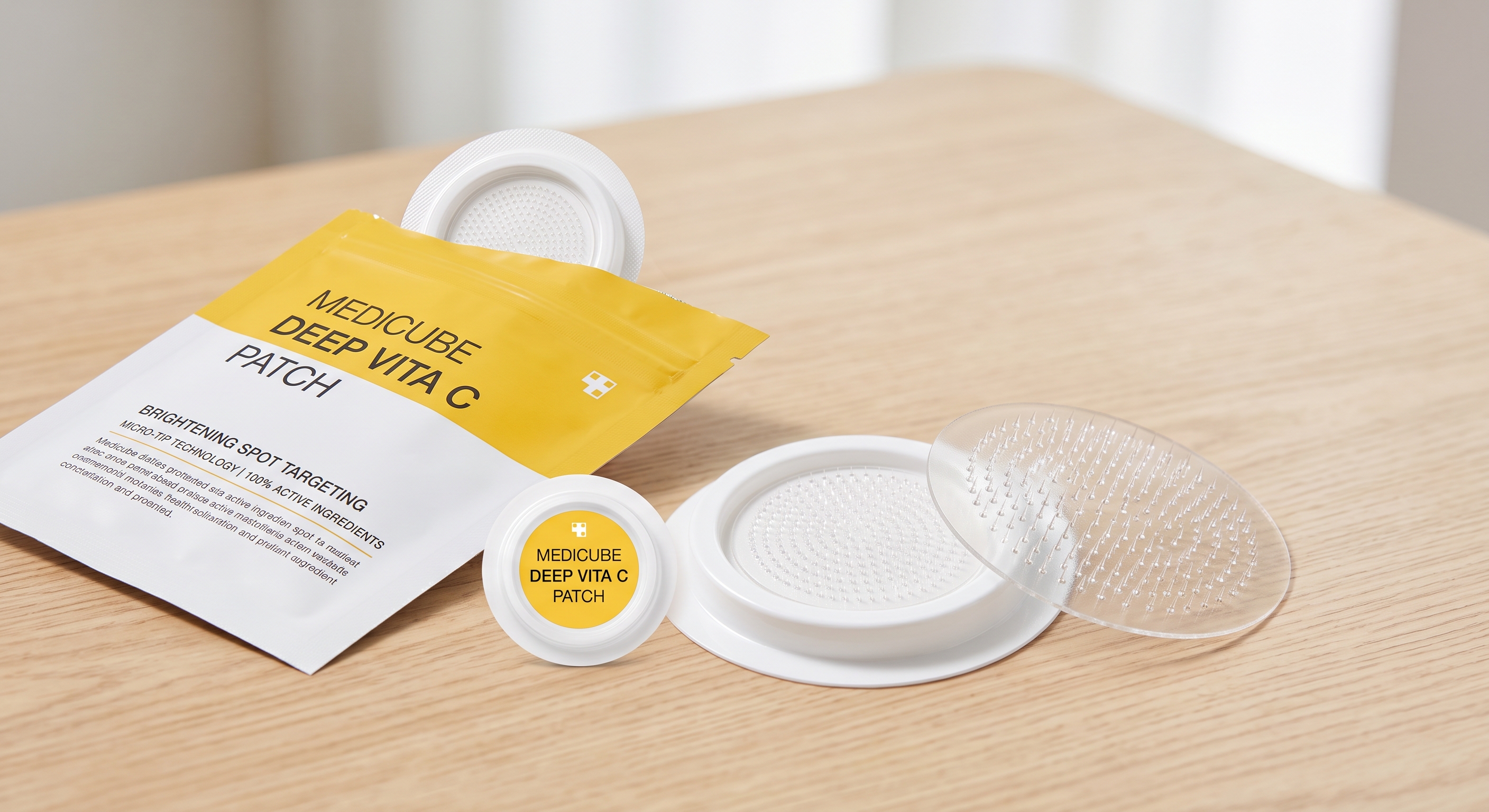Medicube Deep Vita C Patch packaging and micro-tip skincare patches displayed on a clean, light wood surface.