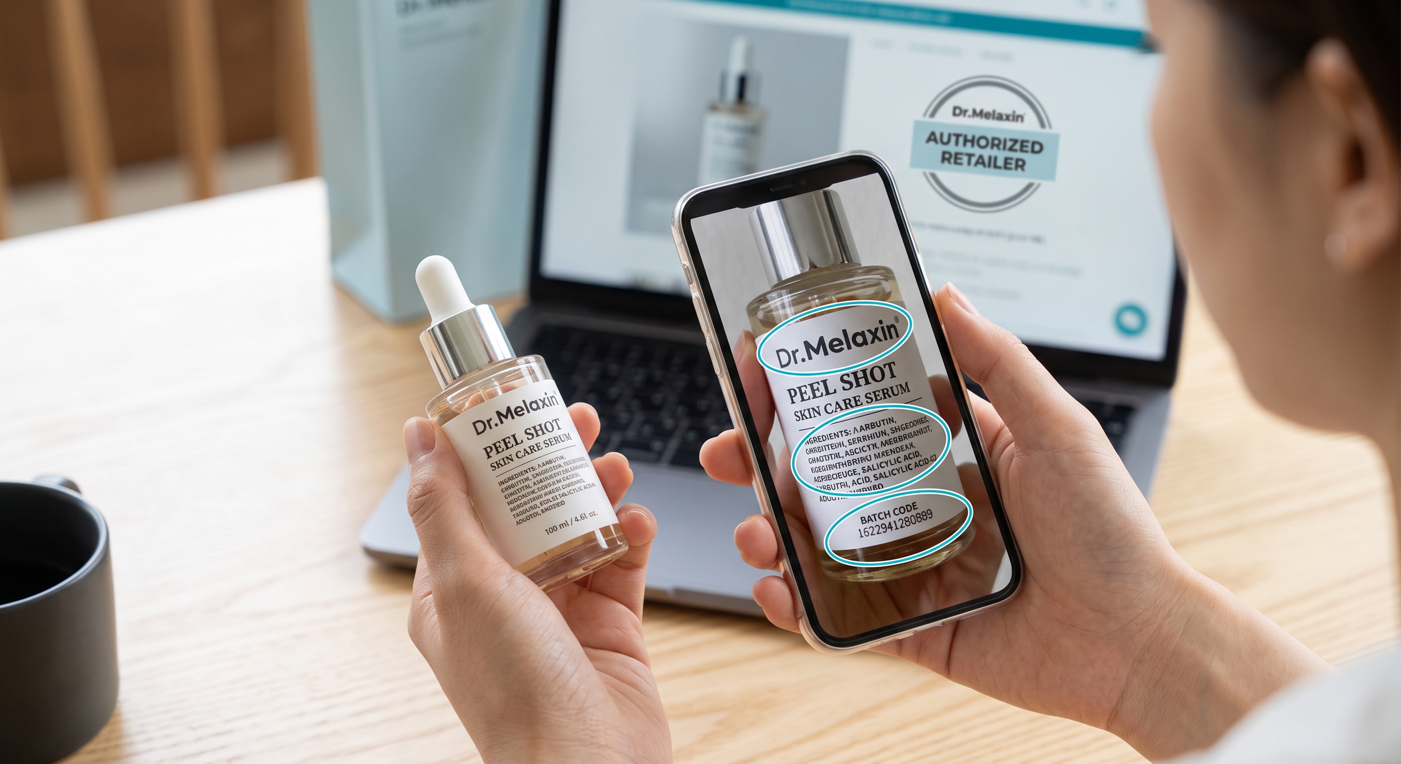 A person comparing a Dr.Melaxin bottle against an authentic product scanning app to check batch code details.