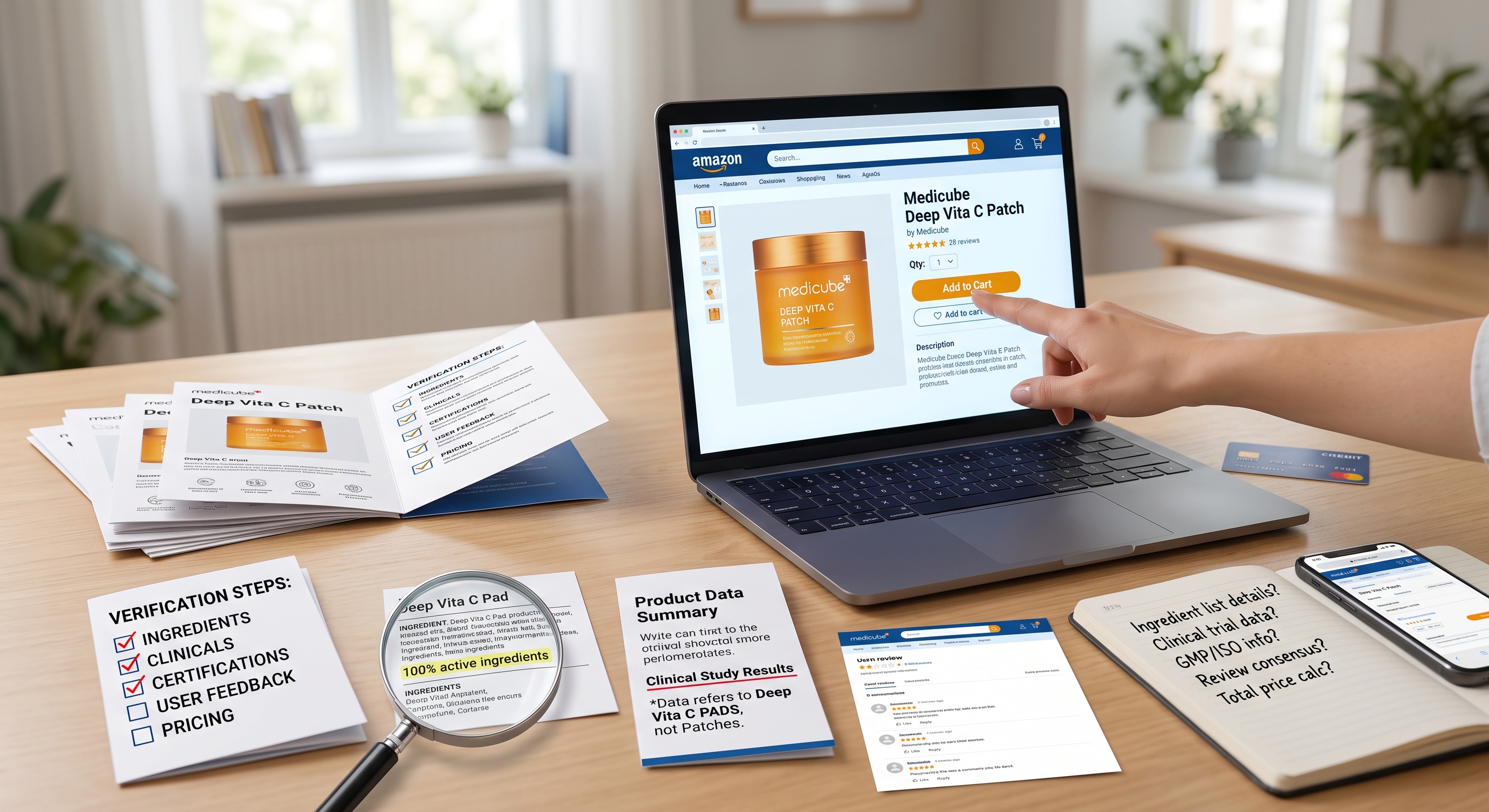 Laptop displaying a skincare product page alongside verification checklists, clinical notes, and a magnifying glass.