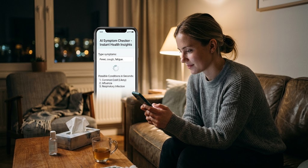 A woman on a couch looks at a phone displaying an AI Symptom Checker showing fever and cold results.