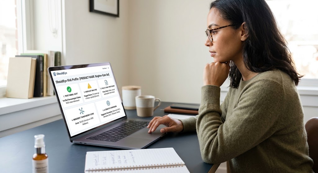 A woman with glasses looks at a laptop displaying a "ShouldEye Risk Profile" for "Brighten-Eyes Gel" with five data steps.