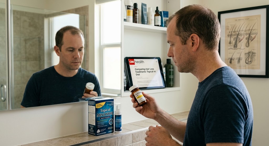 A man with thinning hair holds a bottle in a bathroom, comparing a CNN article on topical vs oral treatments with a Minoxidil box.
