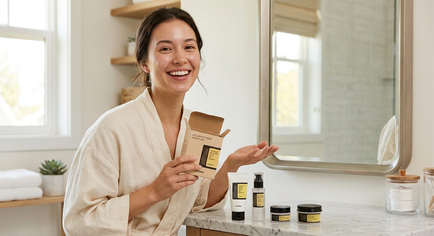 Smiling woman in bathrobe holding COSRX All About Snail kit with four travel-size skincare products on bathroom counter.